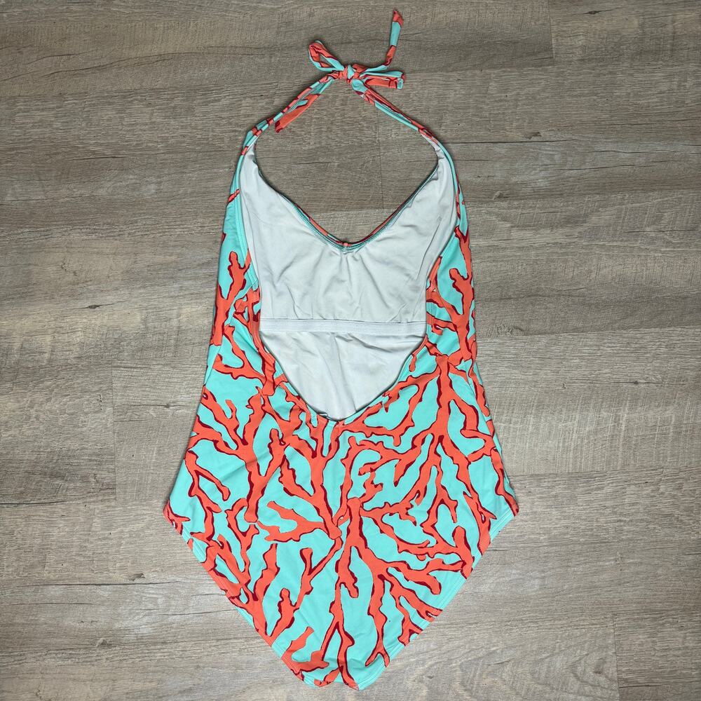 J. McLaughlin Blue Teal Coral Print Halter One Piece Swimsuit Low Back Resort